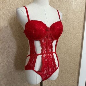 VTG Y2K Bright Red Lace Floral Strappy Mesh See Through Lingerie Bodysuit Teddy